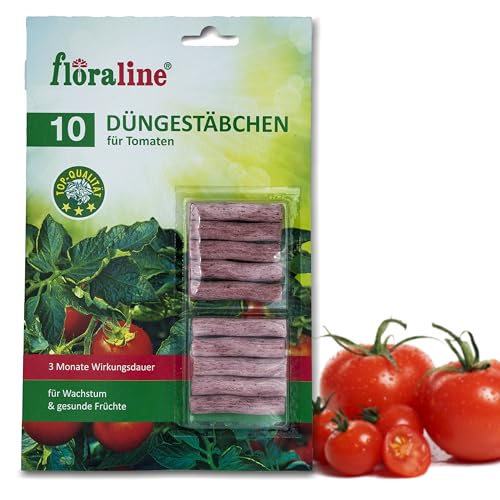 floraline® | 10x Tomaten - Düngestäbchen | Tomatendünger für bis zu 3 Monate hohe Ernten und schmackhafte Früchte pro Stäbchen | Schonende & kinderleichte Anwendung von Floraline