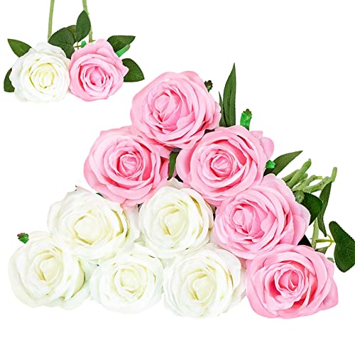 Floralsecret 12 Stück künstliche Seide Rosen Blumenstrauß Faux Flowers Home Hochzeitsfeier Dekor(Weiß, Rosa) von Floralsecret