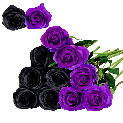 Floralsecret 12 Stück künstliche Seide Rosen Blumenstrauß Faux Flowers Home Hochzeitsfeier Dekor(Schwarz, Lila) von Floralsecret