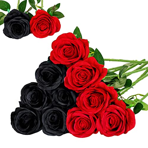 Floralsecret 12 Stück künstliche Seide Rosen Blumenstrauß Faux Flowers Home Hochzeitsfeier Dekor(Schwarz, Rot) von Floralsecret