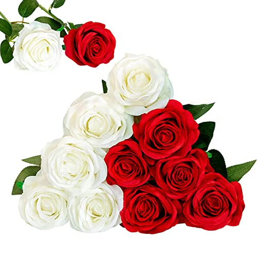 Floralsecret 12 Stück künstliche Seide Rosen Blumenstrauß Faux Flowers Home Hochzeitsfeier Dekor(Weiß, Rot) von Floralsecret