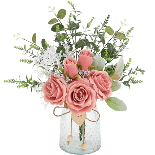 Floralsecret Künstliche Blumen mit Vase, künstliche rosa Rosen in Vase, künstliche Eukalyptus-Pflanze, Blumenarrangement für Tischdekoration, Babyparty, Zuhause, Küche, Büro, Café, Dekorationen von Floralsecret