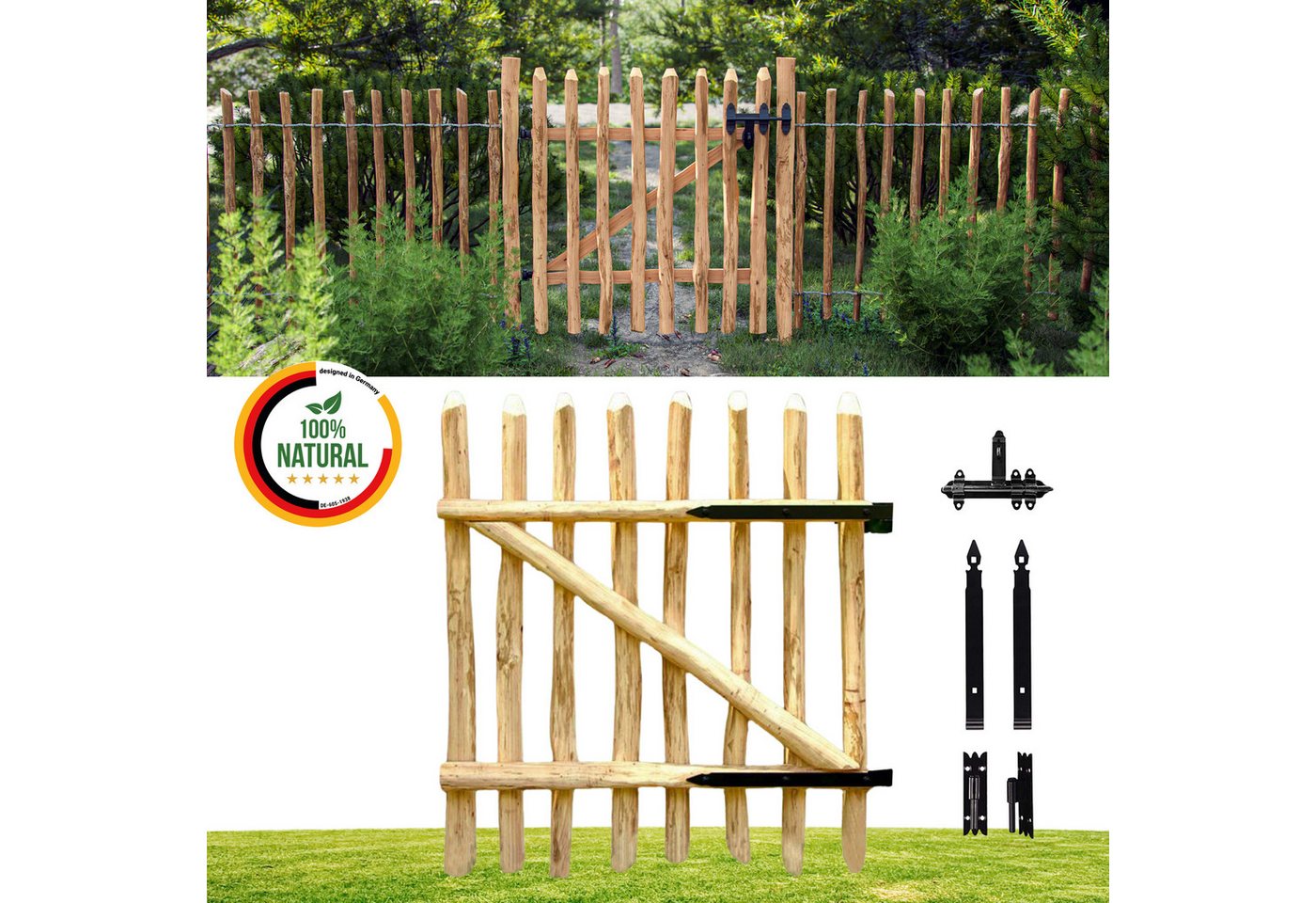 Floranica Gartentor Zauntor aus Haselnussholz Staketentor für Staketenzaun inkl Scharniere, (50 x 100 cm, 1 St. Gartentor), für natürliche Zäune, ideal für Garten, Beetabgrenzung und Wildgarten. von Floranica