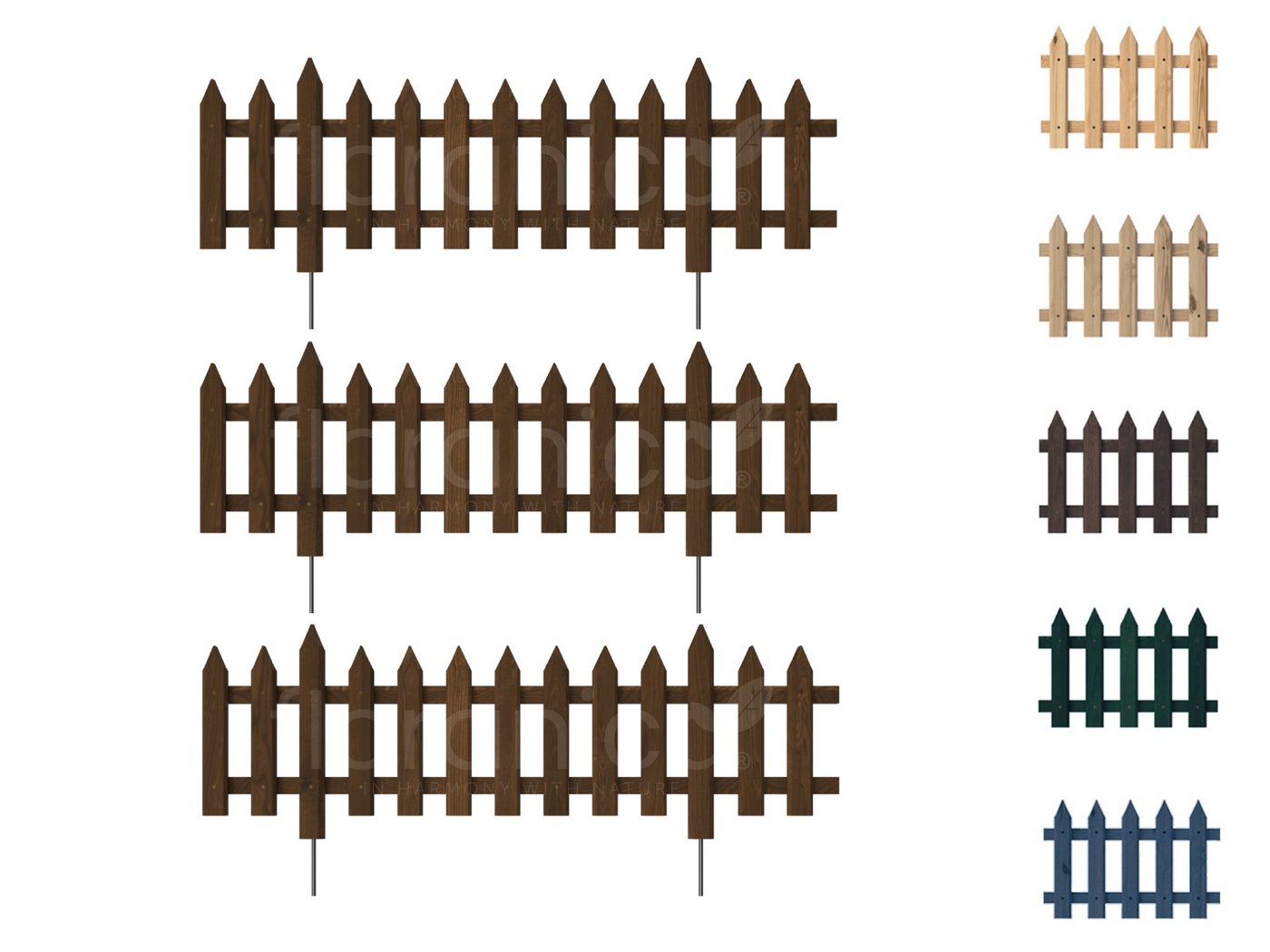 Floranica Holzzaun, Steckzaun Gartenzaun 103 cm lang 3 STK 103cm Höhe 20cm Braun von Floranica
