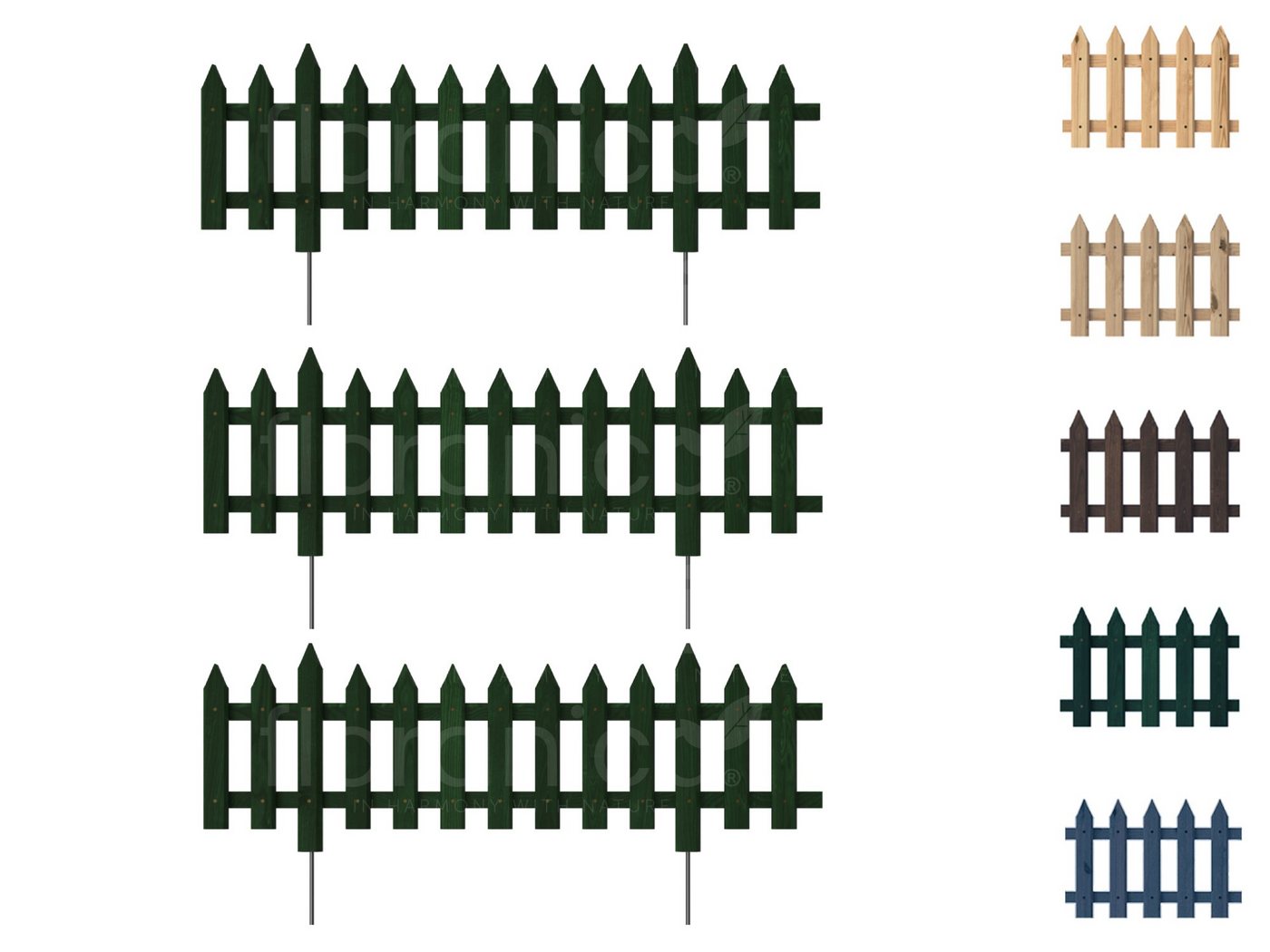 Floranica Holzzaun, Steckzaun Gartenzaun 103 cm lang 3 STK 103cm Höhe 20cm Grün von Floranica
