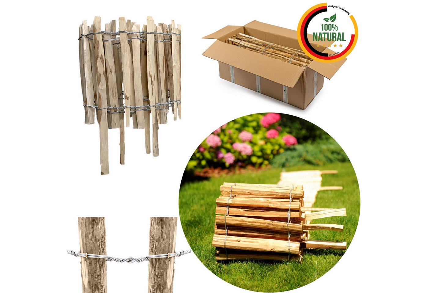 Floranica Staketenzaun Haselnuss mit Pfosten, Stekzaun, Gartenumzäunung Holzzaun Gartenzaun, (L / H 100 x 35 cm, 1-St., Lattenabstand 8-10 cm), Teichumrandung Grundstücksumrandung Beeteinfassung Bauerngarten von Floranica