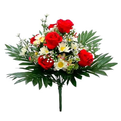 Künstlicher Rosenstrauß mit Roten Rosen und Weißen Margeriten 37cm. Kunstblumen perfekt für Hochzeiten. Elegante Dekoration mit Rosen und Beiwerk von Floratexx