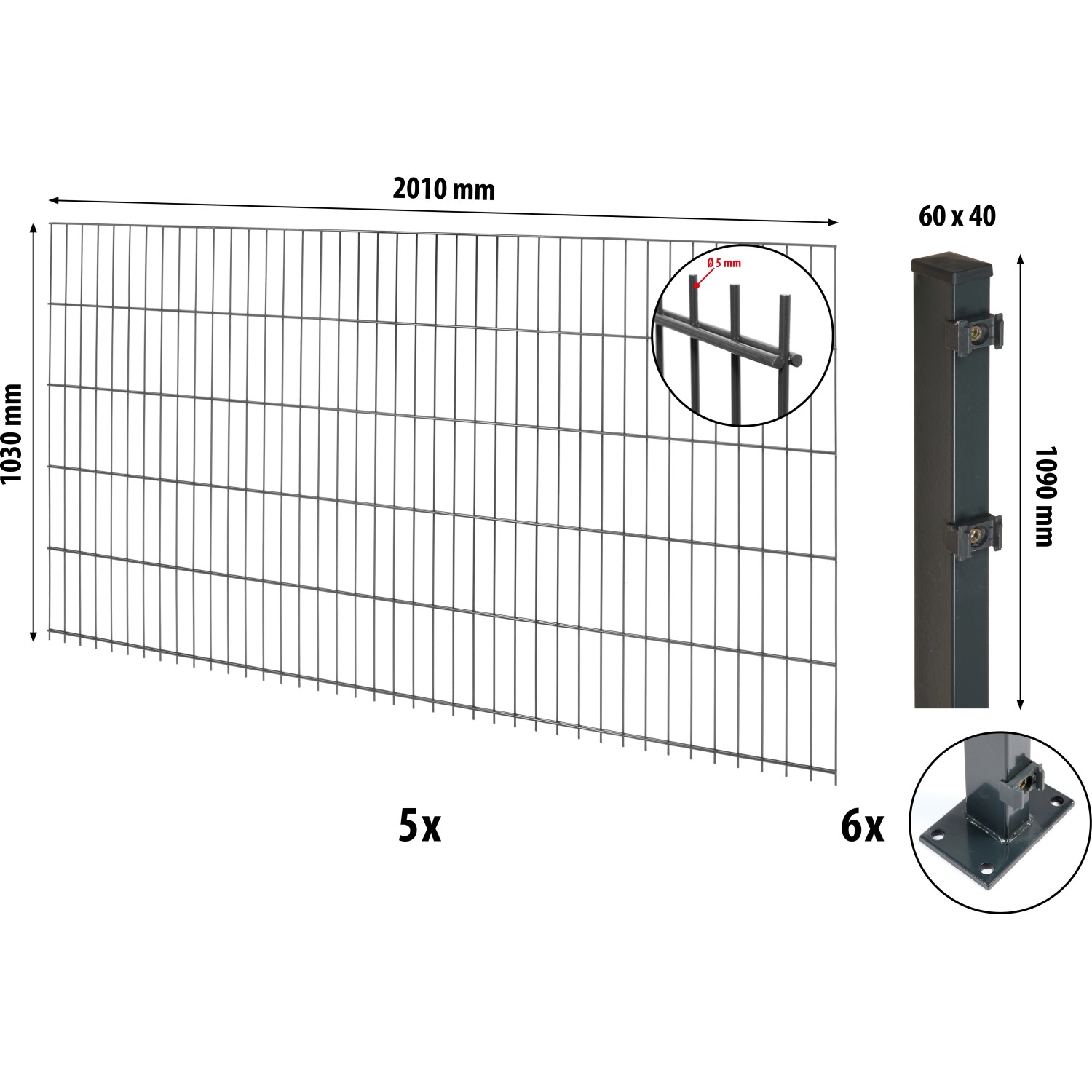 Floraworld Doppelstabmatten-Zaunset mit Bodenplatte Anthrazit 103 cm x 1000 cm von Floraworld