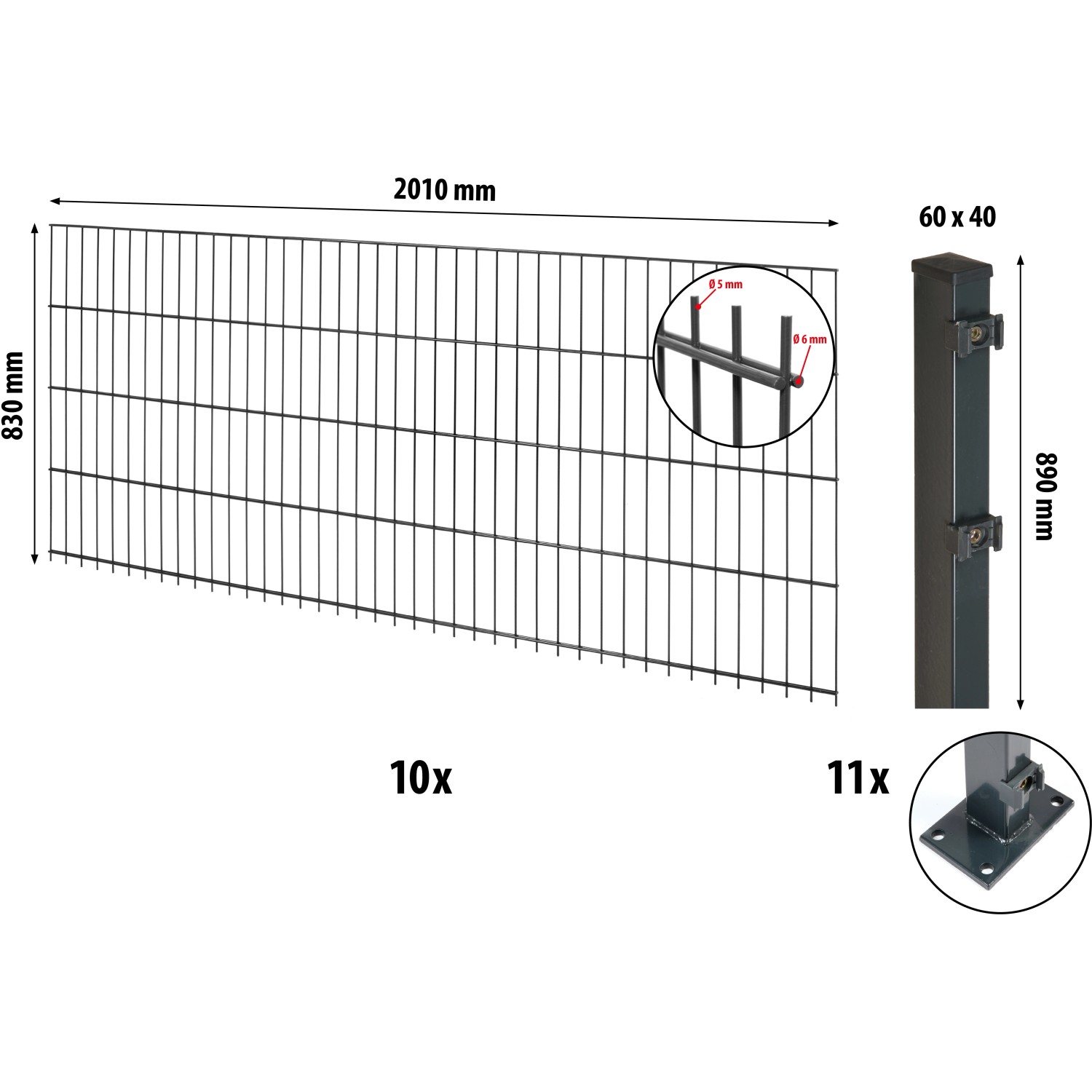 Floraworld Doppelstabmatten-Zaunset mit Bodenplatte Anthrazit 83 cm x 2000 cm von Floraworld