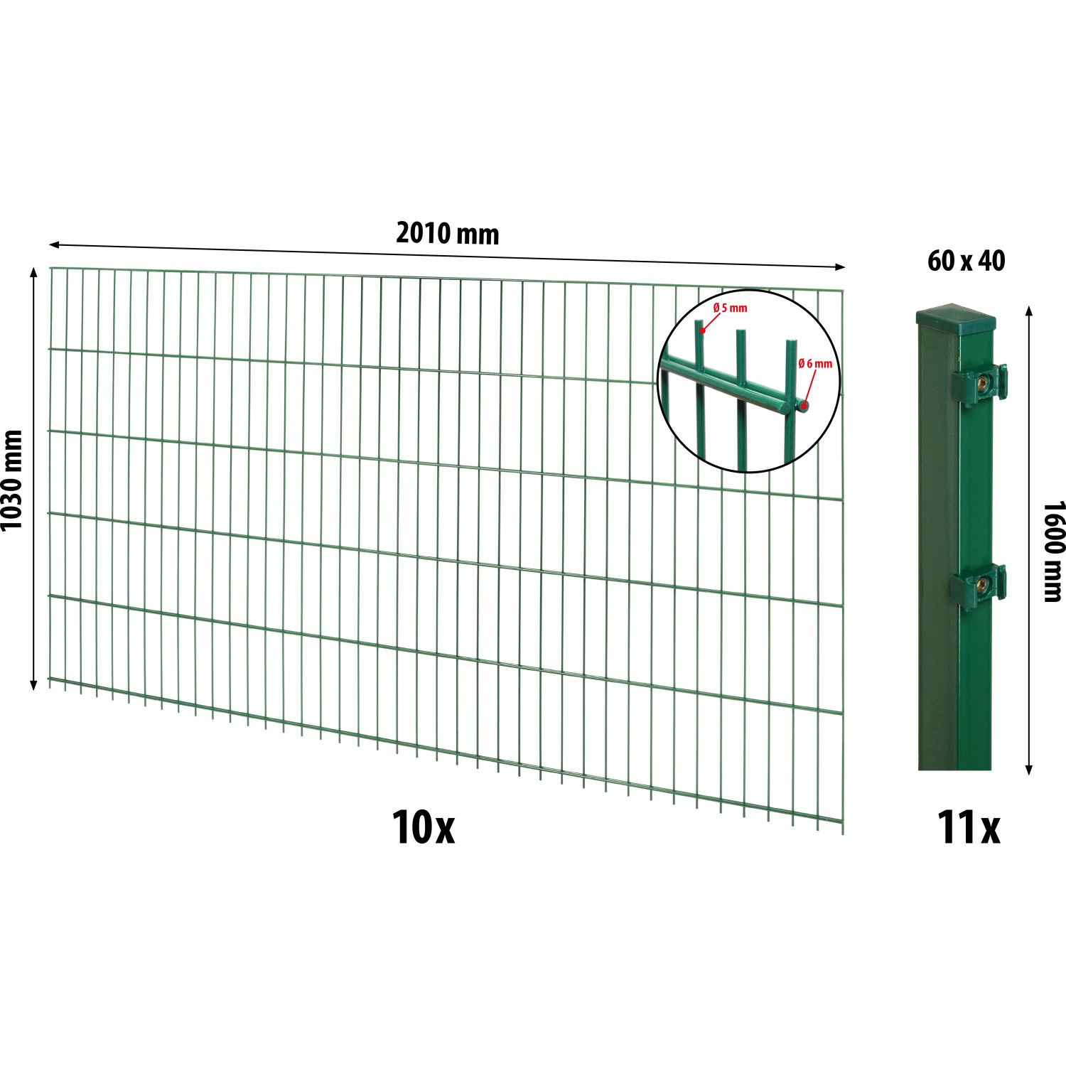 Floraworld Doppelstabmatten-Zaunset mit Pfosten 6 x 4 cm Grün 103 x 2000 cm von Floraworld