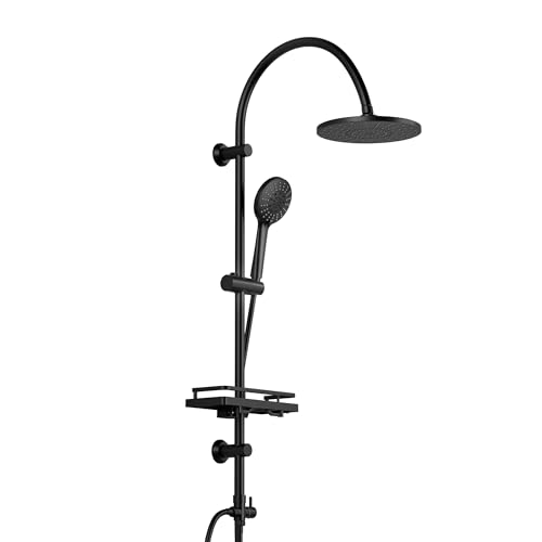 Florenta Regendusche Duschsystem ohne Armatur, Duschset mit Edelstahl Duschstange, U förmige Duschsäule mit ABS Kopfbrause, Handbrause, Duschablage Mattschwarz (D20MB) von Florenta