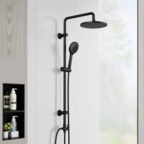 Florenta Regendusche Duschsystem ohne Armatur, Duschset mit Edelstahl Duschstange Duschsäule, ABS Kopfbrause und 4 Strahlarten Handbrause Mattschwarz (D20MB) von Florenta