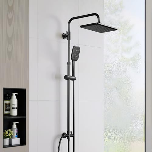 Florenta Regendusche Duschsystem ohne Armatur, Schwarz Duschset mit Edelstahl Duschstange, Höhenverstellbar 74-114cm, 3 Strahlarten Handbrause, Kopfbrause 30 * 20cm von Florenta