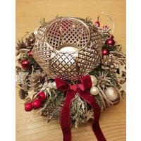 Adventskranz Rot Weiß Silber Teelichthalter Naturmaterial Glaskugeln Geweißt Sterne Samt Beeren Tischdeko Adventsgesteck Haltbar von Florentinesart
