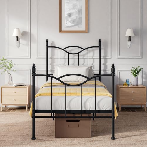 Florise Doppelbettrahmen mit Kopfteil, Metall-Plattform-Bettgestell, Matratzenfundament mit Fußteil, Stauraum unter dem Bett, starke Metalllattenstütze, kein Boxspringbett erforderlich, Schwarz von Florise