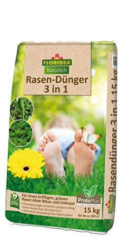 Florissa Natürlich 58794-15kg BIO Rasendünger 3 in 1 (15 kg) mit ProtoPlus und Eisen für einen dichten Rasen ohne Moos, Braun von Florissa Natürlich