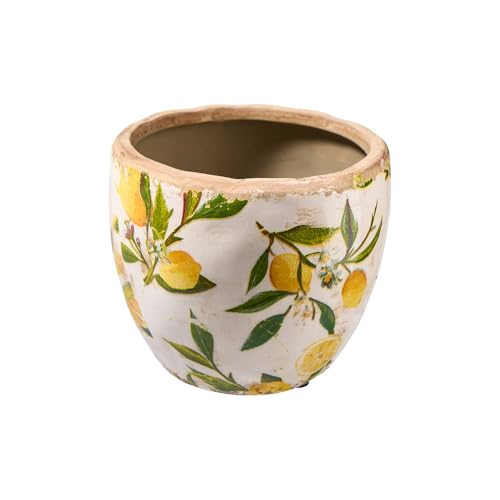 Übertopf Keramik mit Zitronenzweig-Motiv | Handgefertigt & Used Look | 11 cm Höhe, 12,5 cm Durchmesser | Für Innenbereich & geschützten Außenbereich | Einzigartiges Design mit Natur-Charme von Florissima