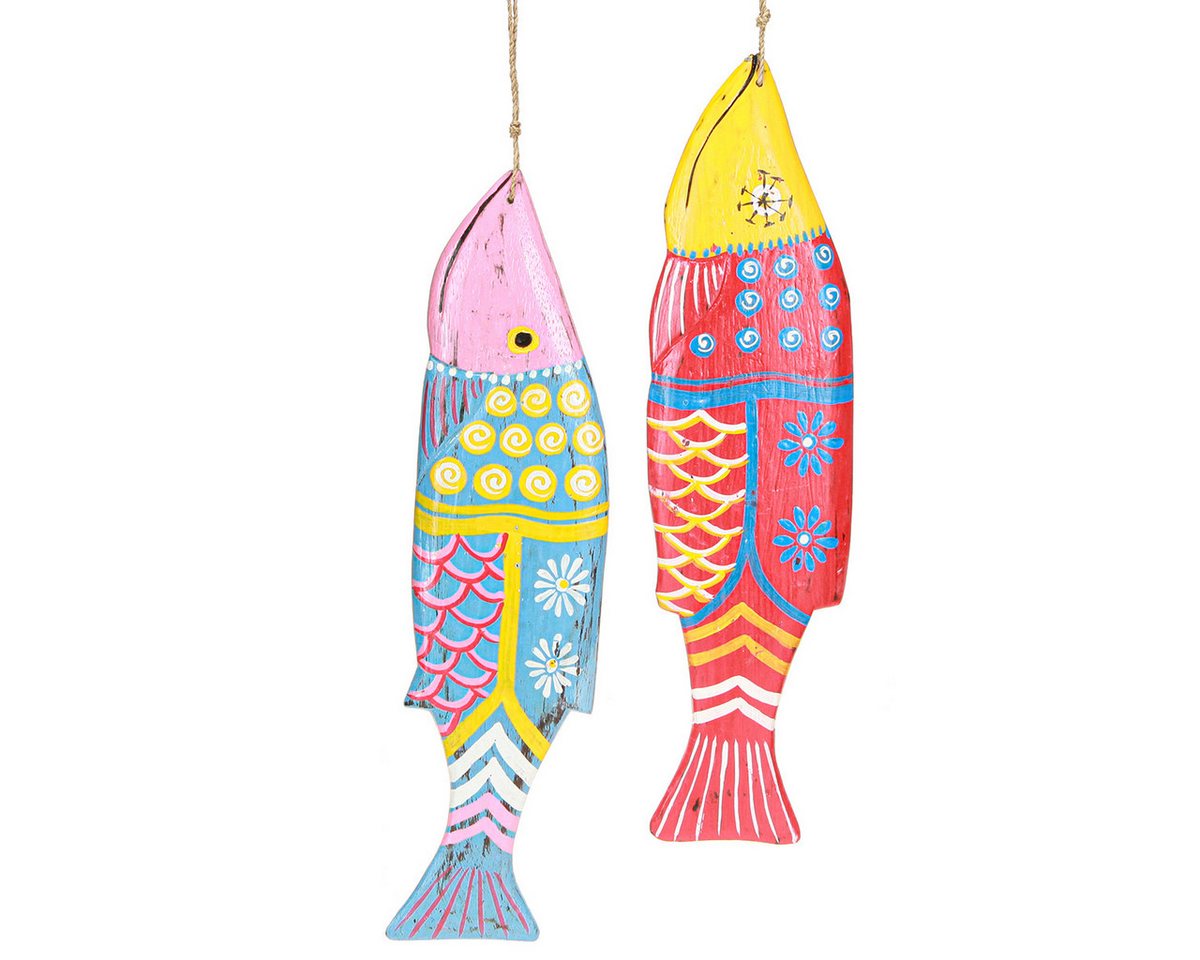 Viana Dekofigur Bunte Holzfische Deko Hängend Strandhaus-Maritim 38cm 2er Set von Viana