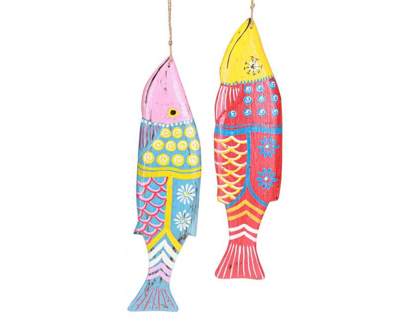 Viana Dekofigur Bunte Holzfische Deko Hängend Strandhaus-Maritim 38cm 2er Set von Viana