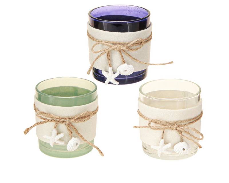 Viana Dekofigur Teelichthalter Glas Set Maritim Blau Grün Weiß 7,5cm 3er von Viana