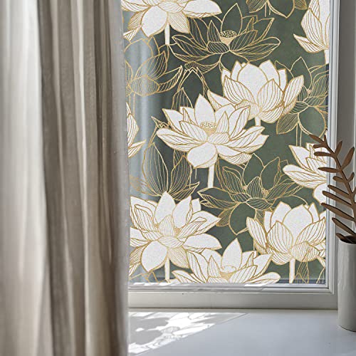 Flortlias Goldene Blume Sichtschutz-Fensterfolien, abnehmbar, statisch haftend, doppelseitig, mattiert, Fensteraufkleber für Tür, Fenster, Glasdekoration, 90 cm breit, Lotus von Flortlias