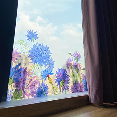 Flortlias Sommer Floral Fensteraufkleber, Transparent gebeizt Fensteraufkleber, Nicht klebend, Doppelseitige Glastürabdeckung Folie für Heimdekoration, Blau Blumen von Flortlias