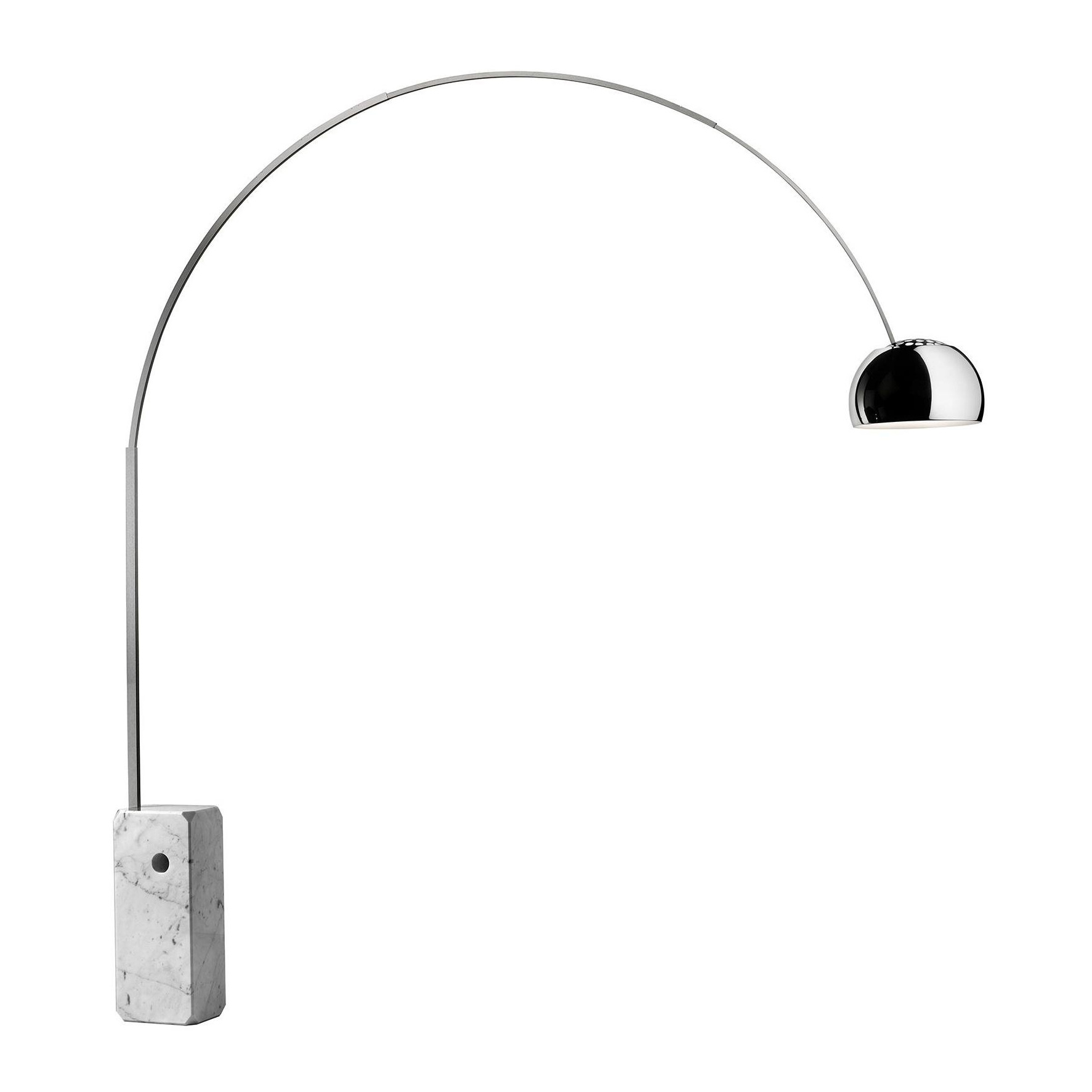 Flos - Arco Stehleuchte - aluminium/Schirm poliert zapon-lackiert Ø32cm/BxH 220x240cm/Gestell Edelstahl satiniert/Fuß Marmor White Carrara 24x24x55cm von Flos