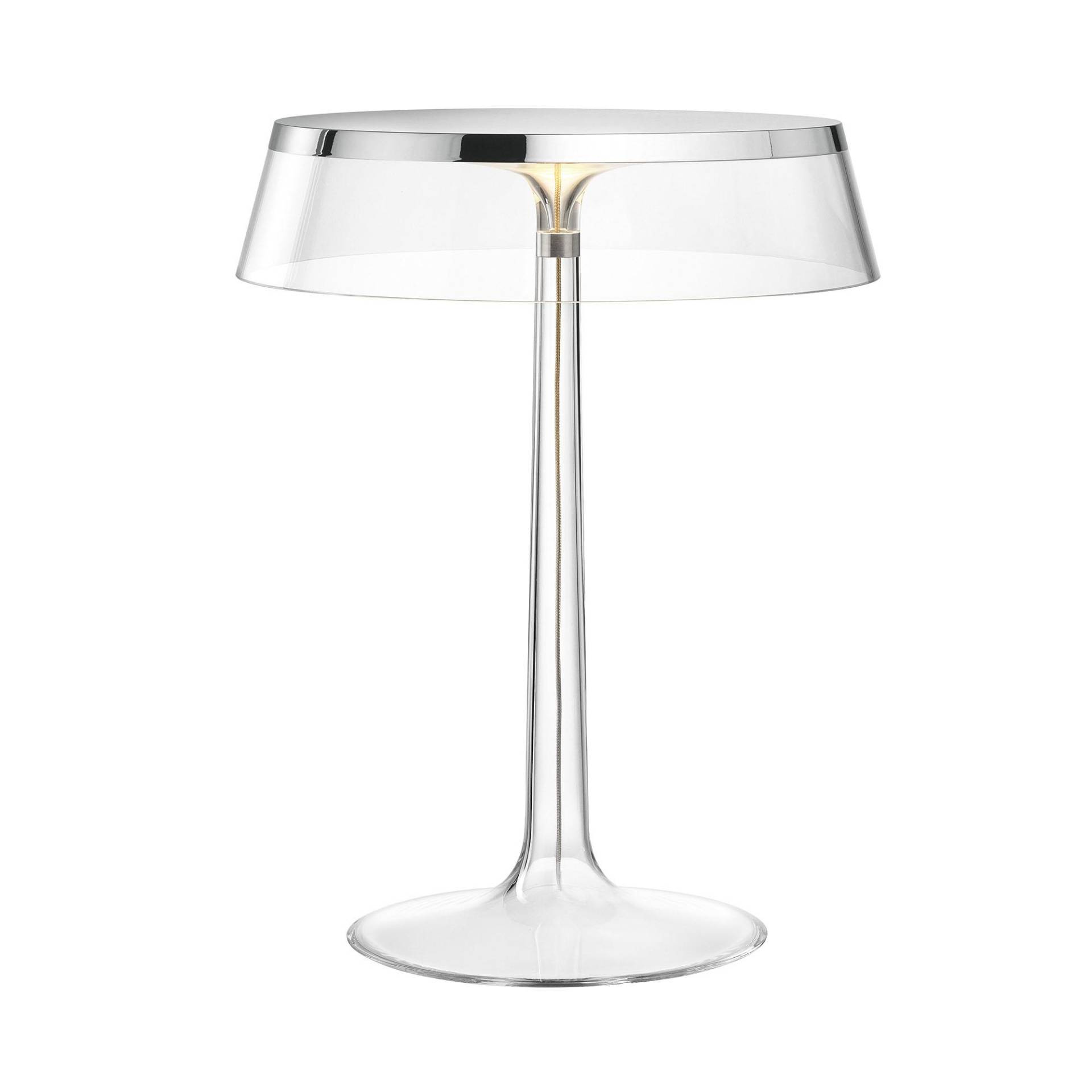 Flos - Bon Jour LED Tischleuchte Chrom - chrom/mit Schirm transparent/H 41cm/Ø 31,6cm/LED 13W 811lm 2700K CRI90/Gestell transparent/Fuß Ø21,2cm von Flos