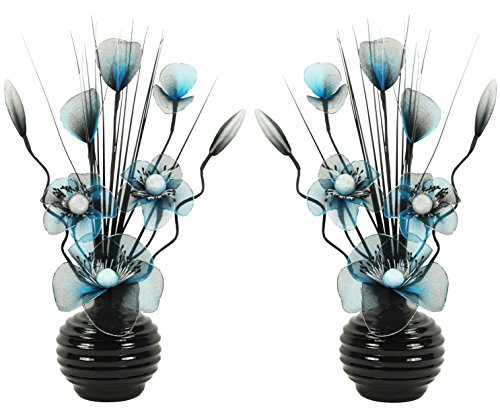 Flourish 723699 Vase mit passenden Paar 813 türkis blau und schwarz Künstliche Blumen aus Nylon, 32 cm, klein von Flourish