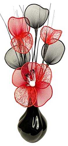 Flourish 813 Schwarze Vase mit roter Mini-Nylonblume, 32 cm von Flourish