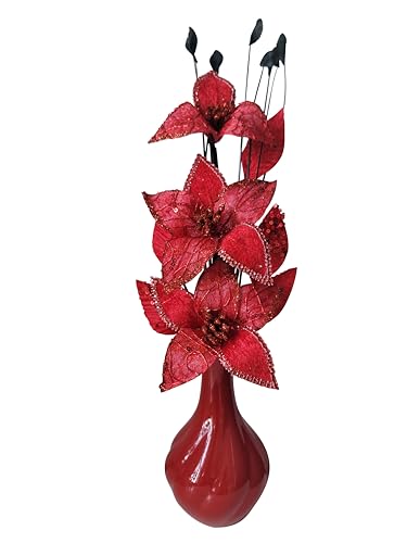 Flourish Kunstblumen im Topf Dekoration Wohnung Modern Deko Wohnzimmer, Geschenk, 32cm, Silber Rot von Flourish