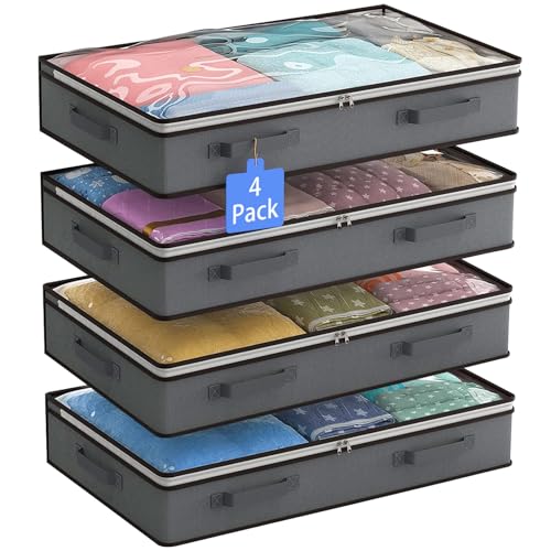 Flow Fire 4 Stück 90L Unterbett Aufbewahrungsbox, Deckel Unterbettkommode Faltbare, Unterbett Aufbewahrung für Bettdecken Kleidung von Flow fire