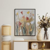 Floraler Kunstdruck in Spachteloptik Mit Zarten Blumen Creme, Ocker & Rostrot, Natürliche Wandkunst Für Ruhige Und Stilvolle Räume von FlowSimSTUDIOS