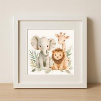 Safari Tiere Poster Fürs Kinderzimmer-Löwe, Giraffe & Co in Aquarell - Dschungel Bild von FlowSimSTUDIOS