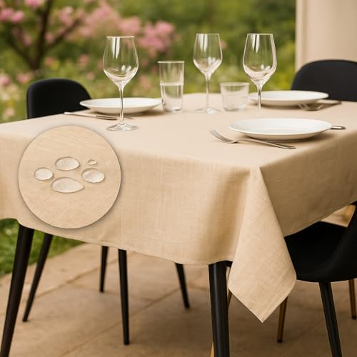 Tischdecke Outdoor Abwaschbar 140x180 Beige Gartentischdecke Tischdecken Wetterfest Wachstuchtischdecke Table Cloth Made in Italy für Den Außenbereich Tischtuch von Flowen