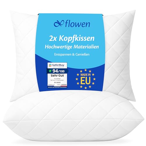 Flowen Kopfkissen 40x80 cm Kissen für Bett 40 x 80 2er Set Bettkissen Hypoallergene Anti-Milben Weiche Kissenfüllung mit Weicher Gesteppter Kopfkissenbezug Abnehmbarem und Waschbaren Schlafkissen von Flowen