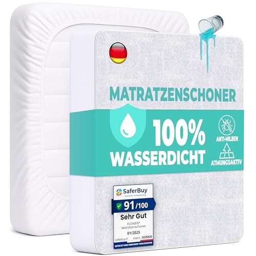 Matratzenschoner 200x200 cm Wasserdichte Matratzenauflage Spannbettlaken Nässeschutz aus Baumwolle und Mikrofaser Inkontinenzunterlage Matratzenbezüg Atmungsaktiv für Bett und Matratze Waschbar von Flowen