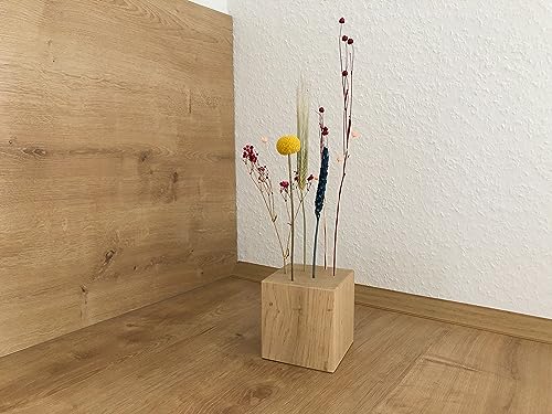 Flowerbar Cube | Massiver Holzblock mit getrockneten Blumen | Dekoelement, Unikat, Dekoration, Trockenblumen & edle Eiche (Blumenwiese) von Flowerbar