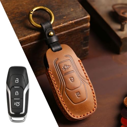 Autoschlüssel-Hülle, kompatibel mit Ford, Rindsleder-Material bietet vollen Schutz und verbesserte Identifikation (braune 3 Schlüssel) von Floweringbeter