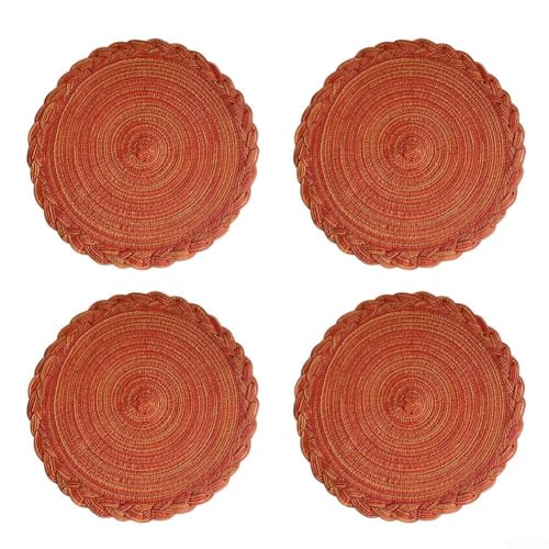 Ein Set von 4 runden, hitzebeständigen Untersetzern, die entworfen wurden, um Küchen- und Esstische vor Hitzeschäden zu schützen und gleichzeitig eine dekorative Note zu verleihen (orange-rot) von Floweringbeter