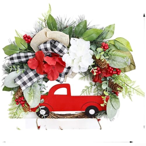 Floweringbeter Bauernhaus-Stil, rote LKW-Türdekoration, mit künstlichem Blumenarrangement und Schleife für saisonale Verwendung im Innen- und Außenbereich Floweringbeter Bauernhaus-Stil, rote LKW-Türdekoration, mit künstlichem Blumenarrangement und Schleife für saisonale Verwendung im Innen- und Außenbereich von Floweringbeter