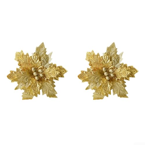 Floweringbeter Blumenornament-Set, handgefertigt, dekorative Blumen mit funkelnden Pailletten, geeignet für Bäume, Kränze und Heimdekoration (Gold) von Floweringbeter