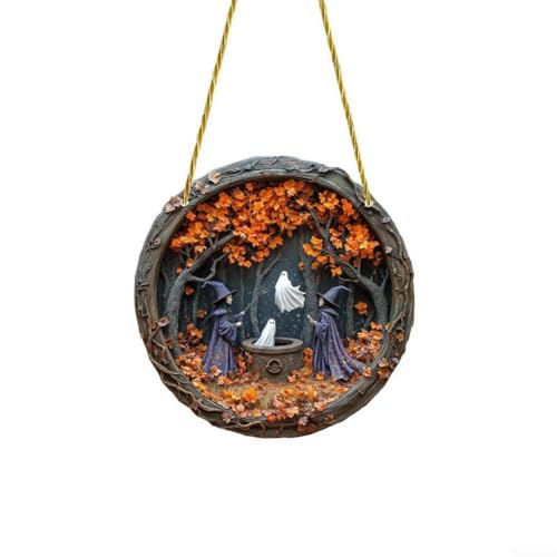 Floweringbeter Rundes Halloween-Türschild aus Holz mit fünf Hexen-Silhouetten für saisonale Dekoration an Türen und Wänden (eins) von Floweringbeter