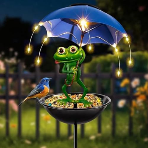Floweringbeter Solarbetriebener Vogelfutterspender mit LED-Licht, Regenschirm, Metall, Gartenstecker, dekoratives Wegelicht für den Außenbereich, mit Futternapf von Floweringbeter
