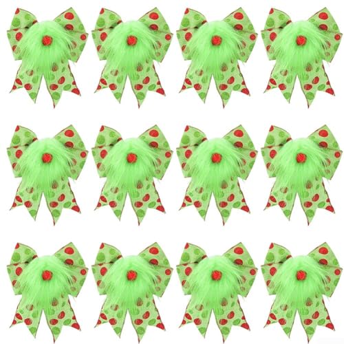 Floweringbeter Weihnachtsbaumschleifen, 12 Stück, mit Polyester und Punktemuster, geeignet für Urlaubsdekoration von Bäumen, Wänden, Gärten, Zäunen und Treppen (grüner Plüsch, 12 Packungen) von Floweringbeter