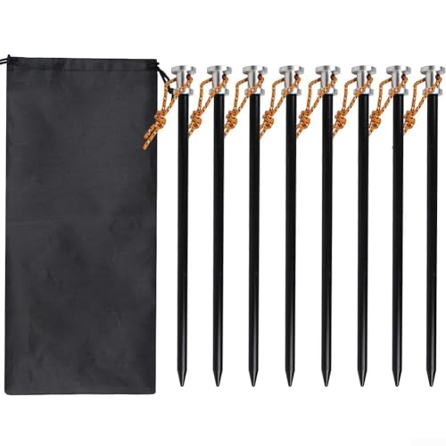 Robuste Zeltheringe aus Aluminium, 23 cm, mit Seilheringen für sicheren Einsatz in Sand, Schlamm, Gras und verschiedenen Outdoor-Böden, 8 Stück (schwarz) von Floweringbeter