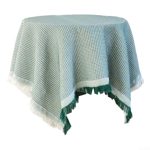 Runde Tischdecke, 130 cm, Leinen-Baumwoll-Mischgewebe mit eleganten Quasten, perfekt für Familienessen und Versammlungen (Dunkelgrün) von Floweringbeter