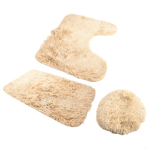 Rutschfestes Badezimmerteppich-Set mit Konturmatte und Deckelbezug, Chenille-Matten für gemütliches und sicheres Badezimmer-Erlebnis (Khaki) von Floweringbeter