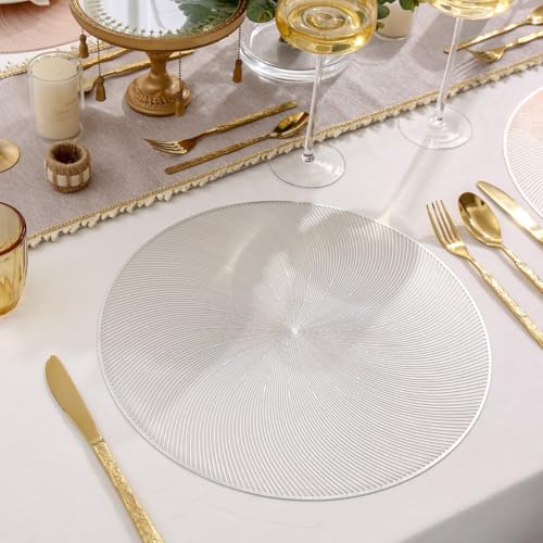 Set mit sechs isolierten runden Essmatten, wasserdicht und ölbeständig Tischsets mit rutschfester Unterseite für Restaurants und Hotels, dickes PVC-Material (Silber) von Floweringbeter