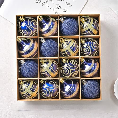 Weihnachtskugel-Ornament-Set, 16-teilig, mit weißem und goldenem Glitzer mit stabilem Kunststoff für Baumschmuck und saisonalen Gebrauch (XM0016S - Blau Blau) von Floweringbeter